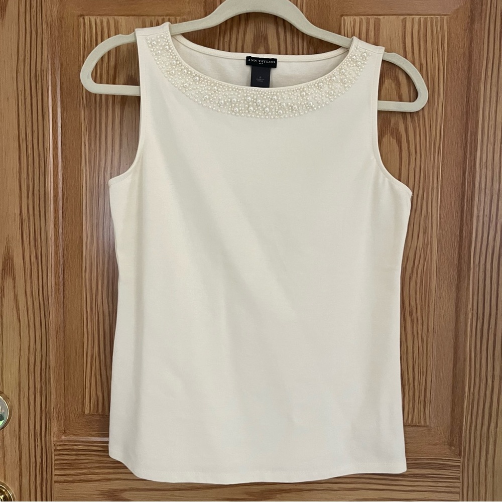 ANN TAYLOR CREAM PONTE TOP with PEARL TRIM S